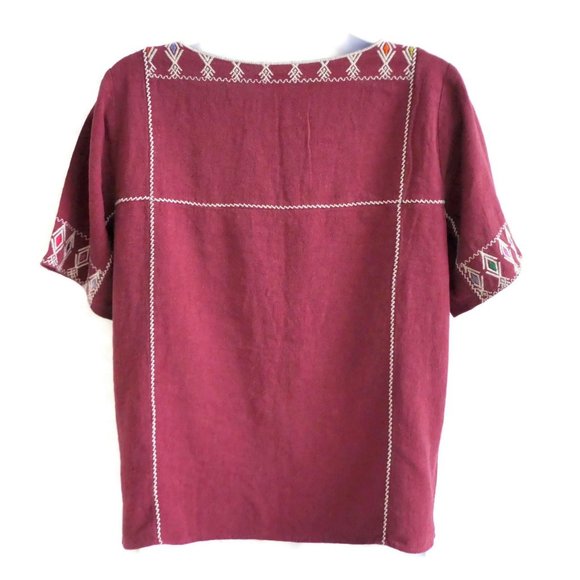 Madewell Top Embroidered Tee  Red Linen Blend Diamonds Side Vents Short Sleeve - Picture 2 of 7